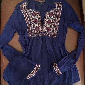 Lucky Brand Navy Blue Embroidered Blouse